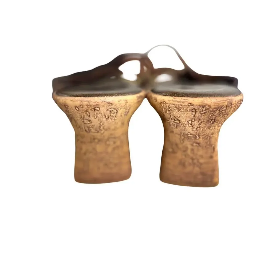 Y2K VTG. CHUNKY BROWN/BRONZE LEATHER WEDGE SANDALS SZ.‎ 9.5-10 EUC